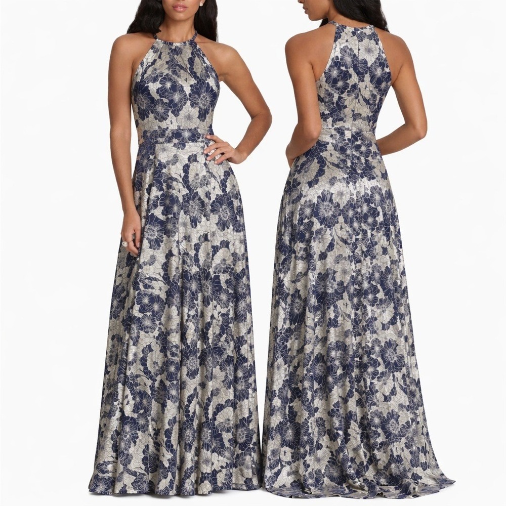 Floral Halter Maxi Dress in Navy and Cream